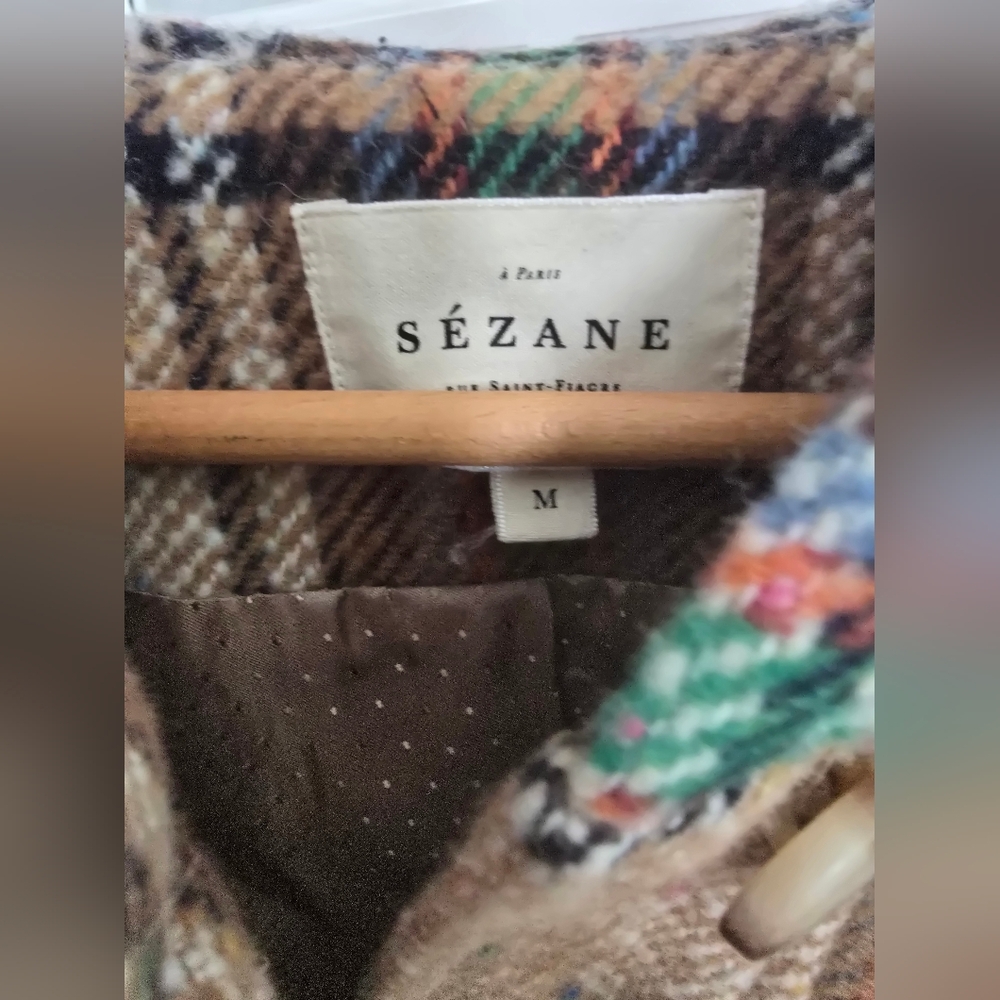 SÉZANE Suzon Multi Taupe Plaid Hooded Wool Coat Medium New - Picture 9 of 16
